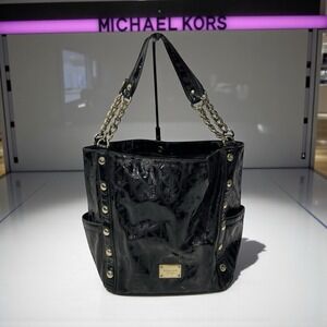 Y2K🖤Chunky Michael Kors Delancy Black Patent Leather ShoulderTote GoldChain$498